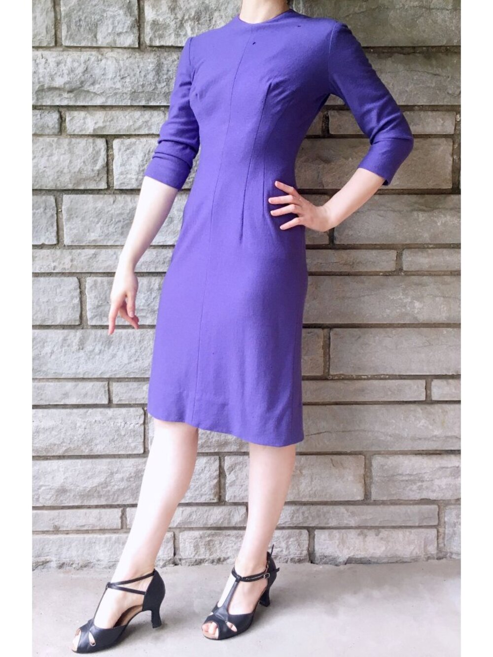 Vintage 50s Purple Fitted Wool Winter Dress - TLC Needed